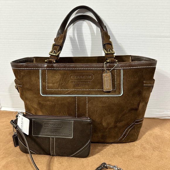 Coach Handbags - Coach Hampton Gallery Brown Suede Tote and Pouch